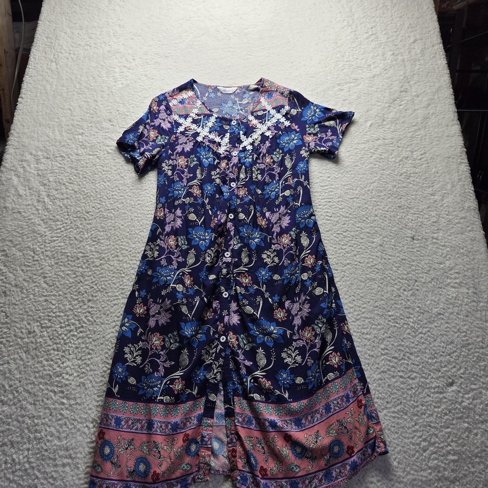 Aviier Dress Womens Small Blue Floral Short Sleeve V Neck Button Front Crochet